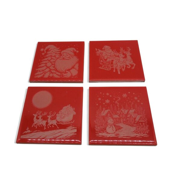 CHRISTMAS Tile Ceramic Engraved Santa Sleigh And Snowman Scenes Set of 4 - Picture 7 of 9